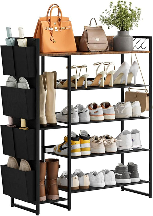 Brown 5-Tier Shoe Organizer - Free Standing Shoe Rack with Storage Bag for High Heels, Entryway, Hallways, Closets, Dormitory Rooms-NeatNest