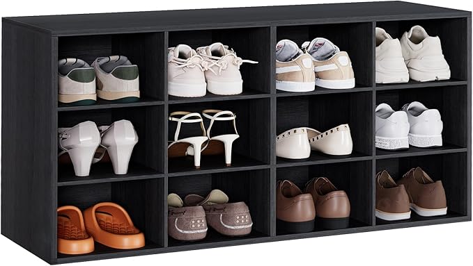 12-Cubby Shoe Rack, 3-Tier Wood Shoe Organizer, Multifunctional Shoe Organizer Bench for Entryway, Mudroom, Hallway, Closet,36.22 * 11.81 * 17.72 Inch,Black-NeatNest