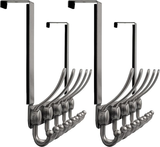 Dseap Over Door Hook 2.0 - Upgraded Version - Simple-Assembly, Strong, Heavy-Duty Stainless Steel 5-Tri-Hook Over The Door Hanger Rack, SimpleStrong Series, Grey, Pack of 2