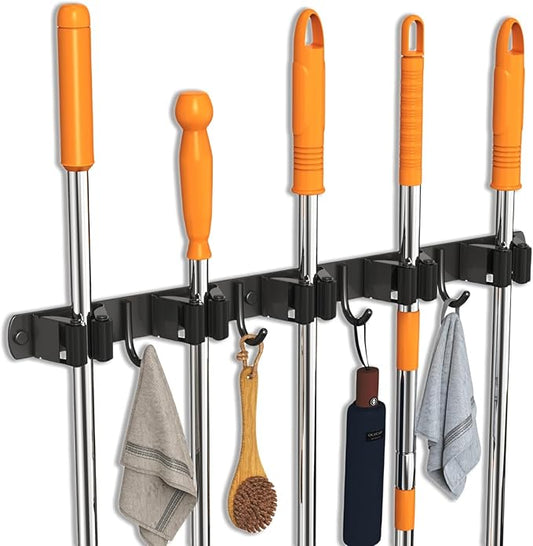 Mop and Broom Holder Wall Mount, Upgraded Broom Organizer Wall Mount, Stainless Steel Broom Hanger Wall Mount for Home Kitchen Garden Laundry Garage (5 Racks with 4 Hooks Black)-NeatNest
