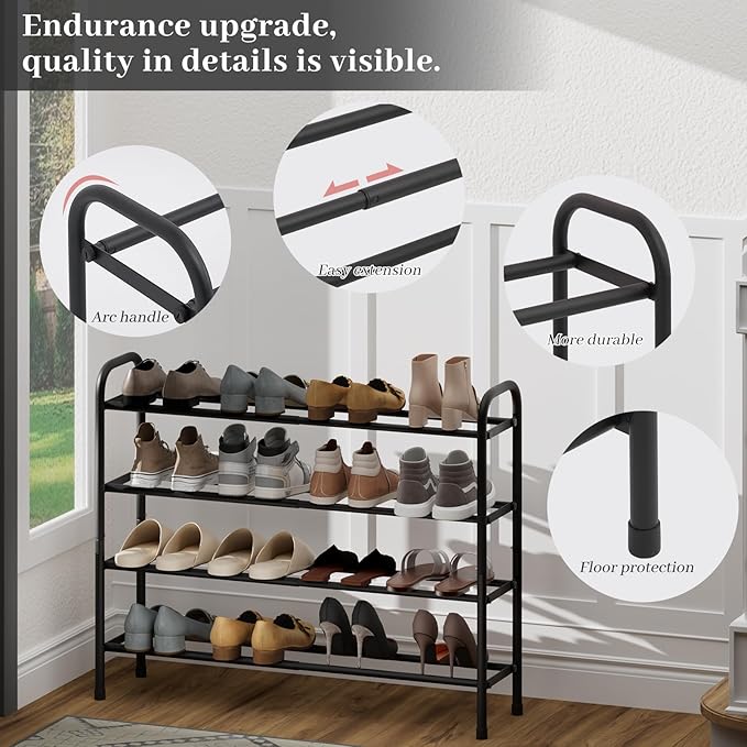 Expandable Shoe Rack, Adjustable Shoes Organizer Metal, Space-Saving Storage Shelf for Closet, Entryway, Front Door & Hallway,Sturdy and Easy Assembly (Black, 4-Tier)