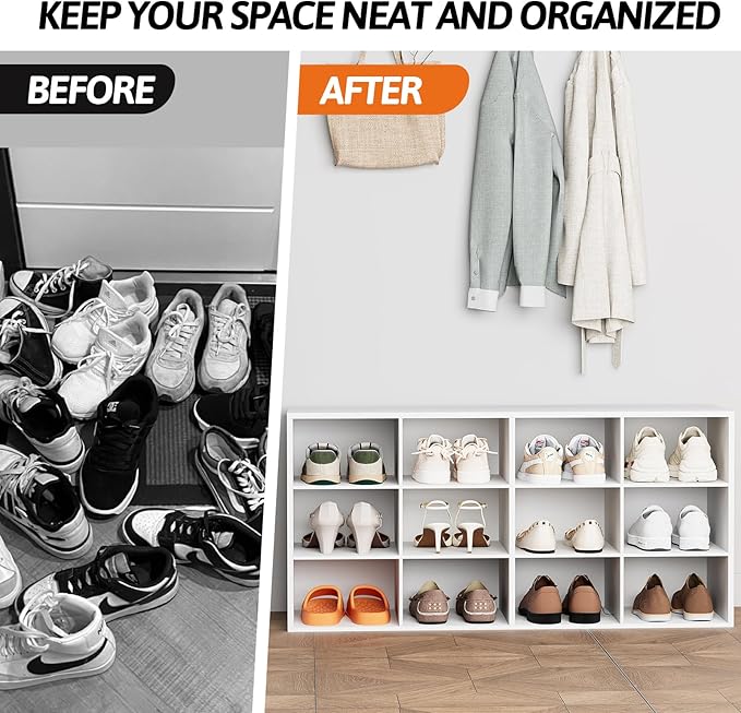 12-Cubby Shoe Rack, 3-Tier Wood Shoe Organizer, Multifunctional Shoe Organizer Bench for Entryway, Mudroom, Hallway, Closet,36.22 * 11.81 * 17.72 Inch,White-NeatNest