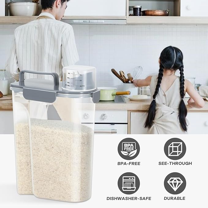Rice Storage Container 10 Lbs, Airtight Food Dispenser with Large Spout and Cup for Pet Dog Cat Food Storage 7 Lbs-NeatNest