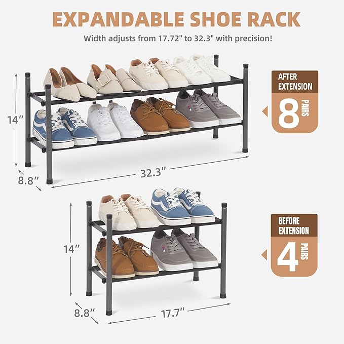 STORAGE MANIAC Expandable Shoe Rack, 8 Pairs Stackable Small Shoe Rack, Metal Adjustable Shoes Organizer for Closet, Entryway, Hallway, Garage, Front Door, Shoes Shelves, Black 2 Tier-NeatNest