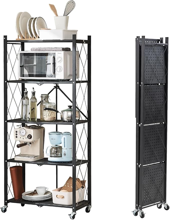 BRIAN & DANY 5-Tier Foldable Storage Shelves with Wheels, Folding Metal Rack Shelving Unit, Heavy Duty No Assembly Organizer Shelf for Garage, Kitchen, Basement, Pantry, Black-NeatNest