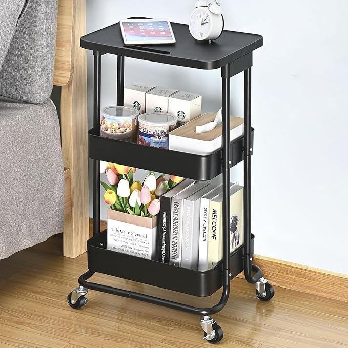 TOOLF 3-Tier Metal Rolling Storage Cart with Tabletop, Utility Rolling Carts with Wheels,Trolley Organizer with Handle for Library Office Classroom Home Bedroom, Black