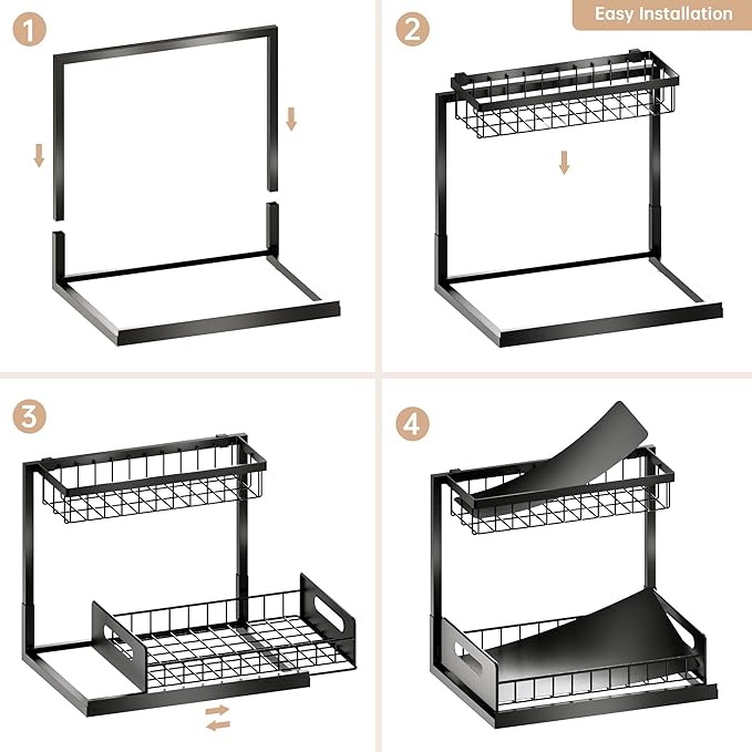 VUSIGN Under Kitchen Sink Organizer 2 Tier, Pull Out Under Sink Organizers and Storage, Bathroom Cabinet Kitchen Organization Storage Shelf, 1 Pack Black-NeatNest