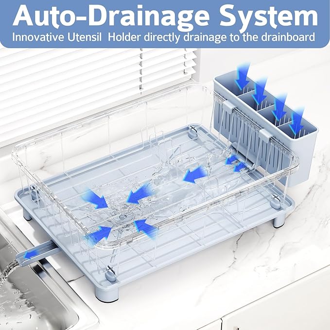 Blue Dish Drying Rack, Dish Rack,Space-Saving Dish Racks for Kitchen Counter with Utensil Holder,Gifts for Women Mothers Day, Kitchen Gadgets & Decor-NeatNest