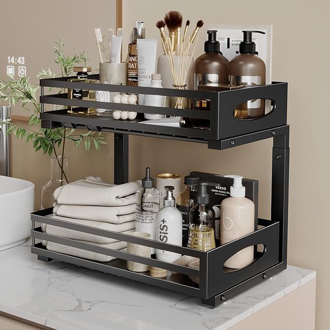 Under Sink Organizer, 2 Tier Under Sink Organizers and Storage, Adjustable Height, Slide out Metal Cabinet Organizers, Pull out Cabinet Storage Drawer Shelf for Kitchen Bathroom Black, 1 Pack-NeatNest