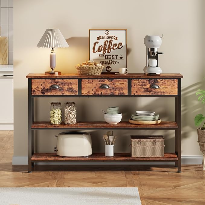 Furologee Long 47" Console Sofa Table with 3 Drawers, Entryway Table with 3-Tier Storage Shelves, Industrial Display Shelf for Entry Way, Hallway, Couch, Living Room, Kitchen, Foyer, Rustic Brown-NeatNest