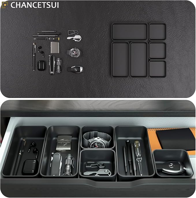 6 Pcs Stackable Drawer Organizer Set Desk Drawer Dividers, Bathroom Vanity Cosmetic Makeup Trays , Multipurpose Plastic Storage Bins for Jewelries, Kitchen Gadgets and Office Accessories, Black-NeatNest