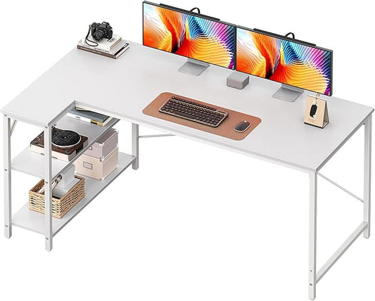 Huuger L Shaped Desk, 55 Inches Computer Desk with Reversible Storage Shelves, for Gaming Corner Home Office Writing Study, Metal Frame, White-NeatNest