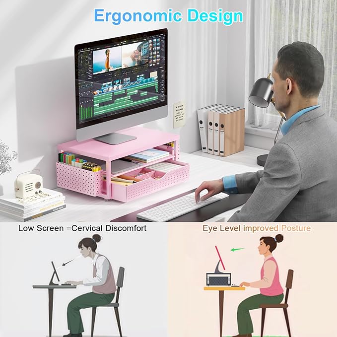gianotter Wood Monitor Stand Riser, Desk Organizer with Drawer and 2 Pen Holders, 2-Tier Workspace Organizer for Office Supplies(Pink Wood)-NeatNest