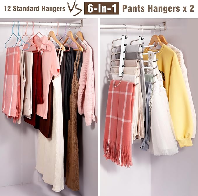 4 Pack 6-Tier Space Saving White Pant Hangers, Anti-Slip, Lightweight, Stainless Steel, Ideal for Closet Organization, Free Installation-NeatNest