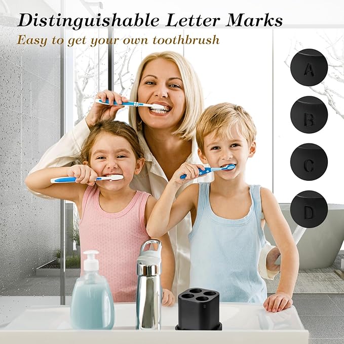 Luxspire Toothbrush Holder - 4 Slots, Character Marked, Drainage Hole & Tray, Non-Slip, Electric Toothbrush Head Holder, Toothbrush Holder for Bathroom, Matte Black