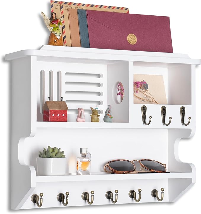 Key Holder for Wall, Mail and Key Holder for Home Decor, Key and Mail Holder for Wall with Key Hooks, White