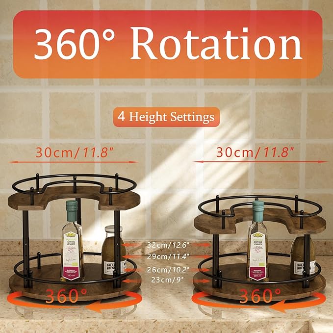 2 Tier Lazy Susan Organizer,2-Tier Spinning Spice Rack with Stable Carousel Base & 4 Height Settings for Cupboard Kitchen Countertop Dining Table Cupboard (Round)-NeatNest