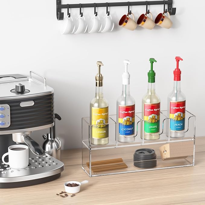 Coffee Condiment and Cup Organizer - 2-Tier Upright Cup and Lid Holder with Straw Organizer 5 Compartments Clear Acrylic Cup Dispenser for Restaurant Breakroom Coffee Station Countertop-NeatNest