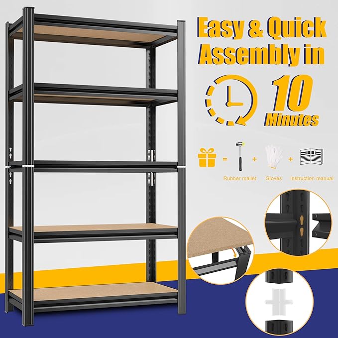 5 Tier Garage Shelving Wood Storage Shelves 2000 lb Load Capacity Adjustabl Shelving Units 57.4" H*29.5" W*11.8" D Metal Shelf Suitable for Basement Warehouse Pantry,Black