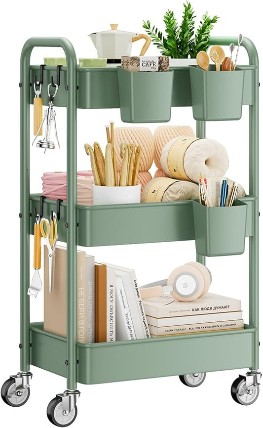 YASONIC 3-Tier Rolling Cart, Green, 66 Pounds Capacity, Mesh Storage Organizer with Lockable Wheels, 3 Hanging Cups, 4 Hooks, Easy Assembly, for Kitchen, Bathroom, Laundry, Grocery