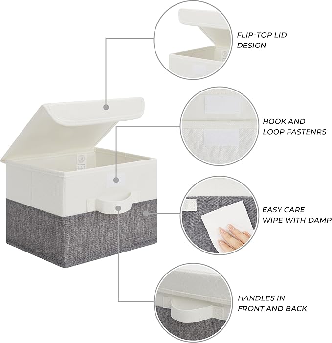 GRANNY SAYS Small Storage Bins with Lids, Small Storage Boxes, Shelf Baskets for Shelf, Collapsible Storage Bins for Living Room, Bedroom, 10x8x7 Inch, White/Gray, 2-Pack-NeatNest