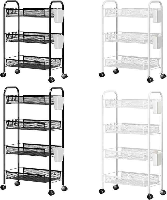 3/4/5 Tier Fruit Vegetable Basket, Stackable Metal Mesh Storage Basket with 360 Degree Wheels, Fruit Vegetable Produce Basket Storage Organizer for Kitchen, Pantry, Bathroom White 3-Layers