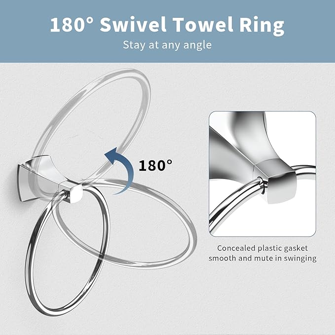 Hand Towel Holder for Bathroom Polished Chrome Towel Ring Stainless Steel and Zinc Alloy Towel Hanger Wall Mount for Bath, Kitchen, 2 Pack