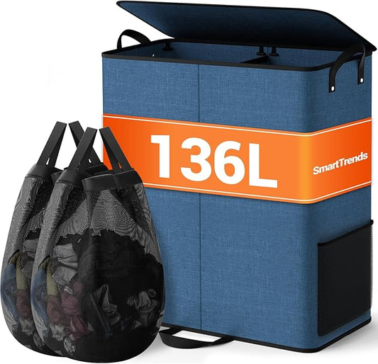 Large Double Laundry Hamper with Lid, Removable Bags & Reinforced Handles, 2 Section Tall Laundry Basket, Dirty Clothes Hampers for Laundry Room, Bedroom, Bathroom, Dorm, 136L, Blue-NeatNest