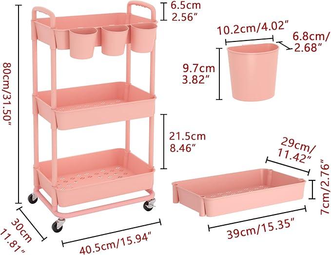JIUYOTREE 3-Tier Plastic Rolling Storage Cart Utility Cart with Extra Hanging Cups Handles Lockable Wheels for Living Room Bathroom Kitchen Office Pink-NeatNest