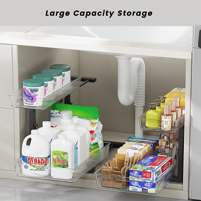 Under Sink Organizer, 2 Tier Pull Out Storage Organizer, Slide Out Storage Shelf for Bathroom & Kitchen, Under Cabinet Organizer and Storage with 5 Gears Height Adjustable (Black, 1 Pack)-NeatNest