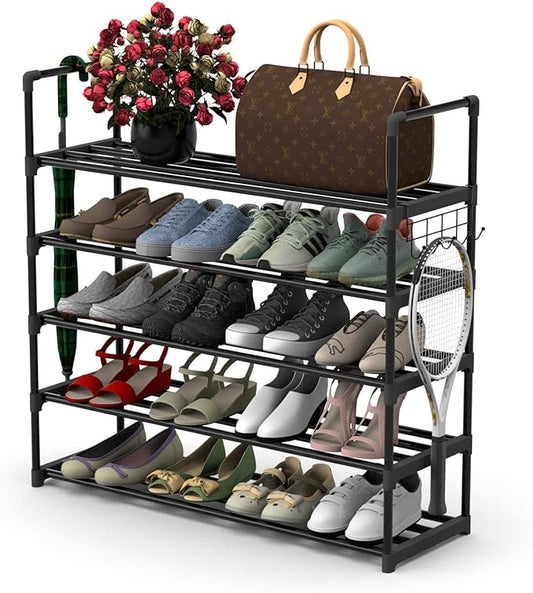 5 Tiers Metal Shoe Rack,Adjustable Shoe Shelf Storage Organizer with Hooks,Stackable Boot & Shoe Storage,for Entryway,Hallway,Closet,Black-NeatNest