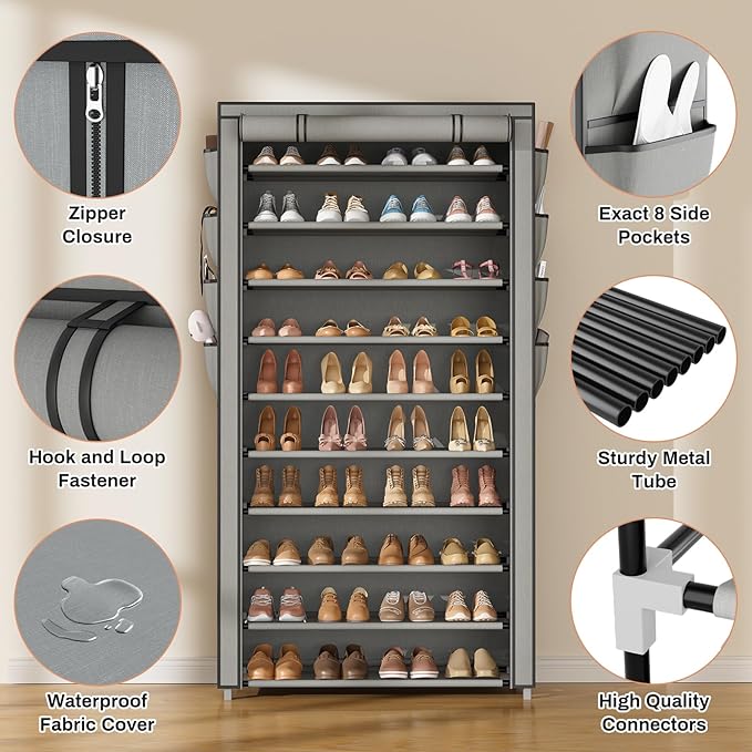 VTRIN Tall Shoe Rack with Cover, 10 Tier Shoe Organizer Storage for 50-55 Pairs Shoes and Boots Large Capacity Shoe Shelf with 8 Pockets Free Standing Shoe Rack for Closet, Entryway, Garage, Grey-NeatNest