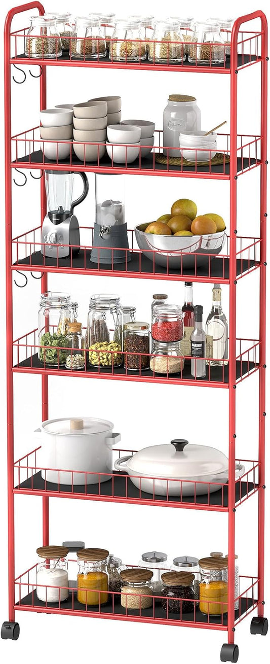 6-Tier Storage Cart Wire Slim Shelving Shelf with Wheels for Small Spaces, Rolling Tall Organizer Storage for Bathroom, Kitchen, Home, Garage, Bedroom, Closet (Red, 6" D)