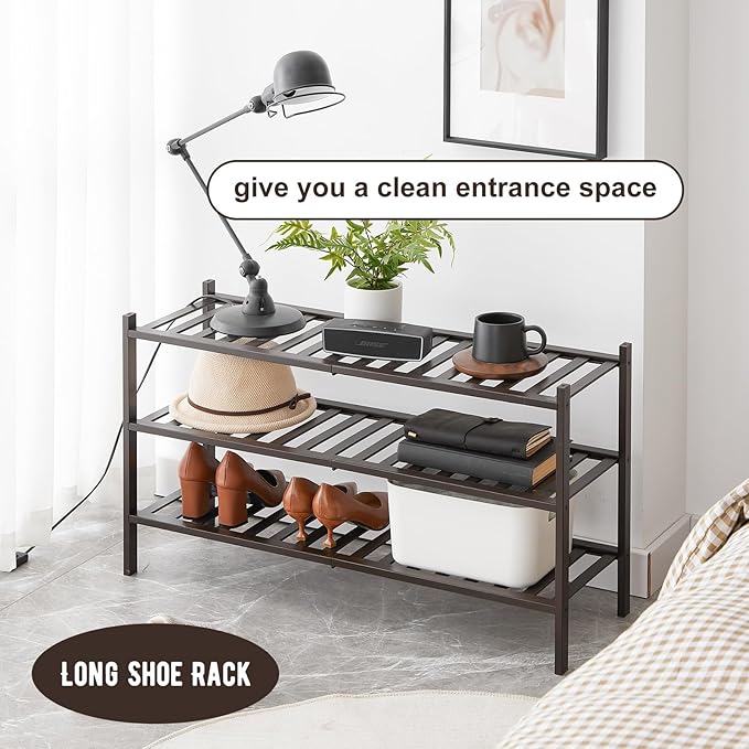 Long Shoe Rack, 3-Tier Bamboo Stackable Shoe Shelf Storage Organizer, Shoe Stand for Closet, Entryway and Hallway-NeatNest