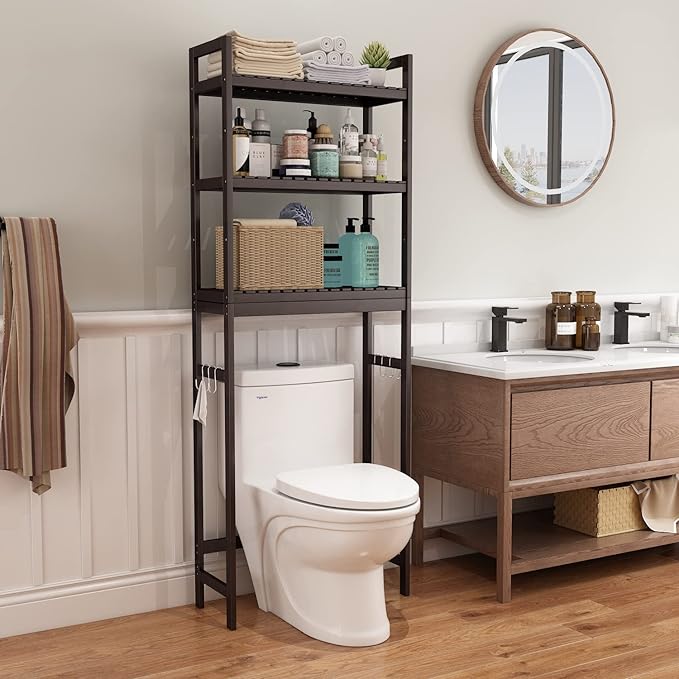 HITOMEN Over The Toilet Storage Cabinet, Bamboo Adjustable 3-Tier Above Toilet Shelf, Stable Freestanding Above Toilet Organizer with 3 Hooks for Bathroom Restroom Laundry Balcony, Dark Brown 67" H