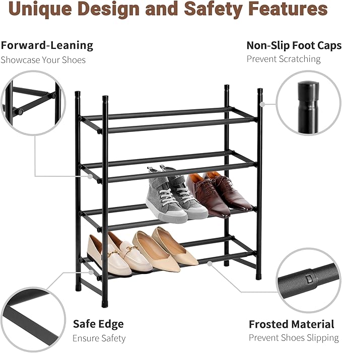 ikloo 4-Tier Shoe Rack for Closet and Entryway | Expandable and Stackable Shoes Organizer for Small Spaces | Adjustable Metal Shoe Shelf for Shoe Storage | Fit Up to 30 Pairs of Shoes | Black-NeatNest