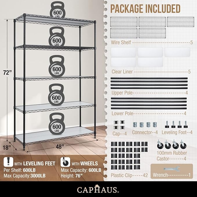 CAPHAUS NSF Commercial Grade Heavy Duty Wire Shelving w/Wheels, Leveling Feet & Liners, Storage Metal Shelf, Garage Shelving Storage, Utility Wire Rack Storage Shelves, 48 x 18 x 76 5-Tier w/Liner-NeatNest