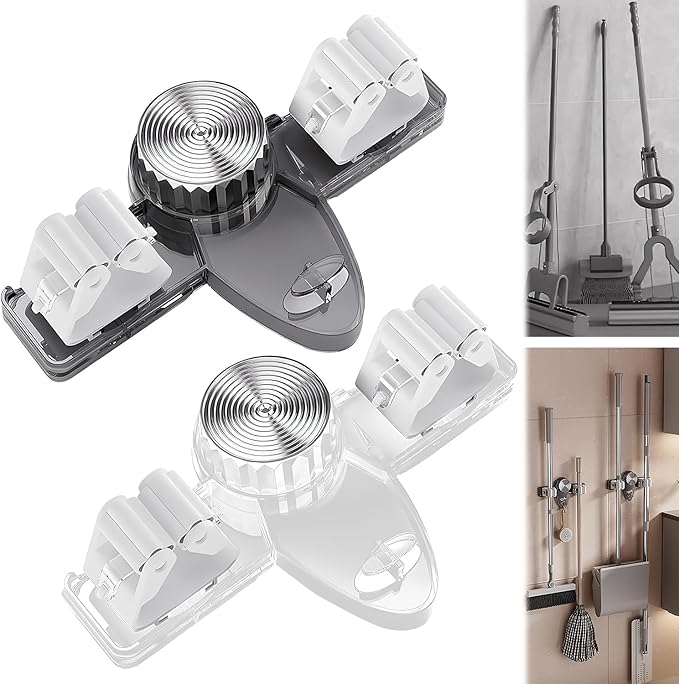 Broom Hanger Mop Hanger, Wall Mount Mop Grippers, No Punching Required Broom Hanger Organizer for Bathroom, Kitchen, Laundry Room, Home Garden, Garage Storage and Organization Rack(2PCS)