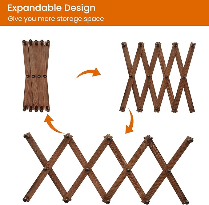 Homode Accordion Wall Hanger, Hat Rack for Wall, Wood Expandable Coat Rack, Vintage Accordian Peg Hooks Purse Organizer for Hanging Baseball Caps, Coffee Mug, Hats, Clothes, Backpack, Towel-NeatNest