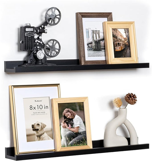 Fun Memories Picture Ledge Shelf, 24 Inch Floating Shelves Set of 2, Nursery Book Shelves for Toys Storage, Kids Bookshelf Wall Mounted for Wall Decor Books Photo Frames, Black-NeatNest