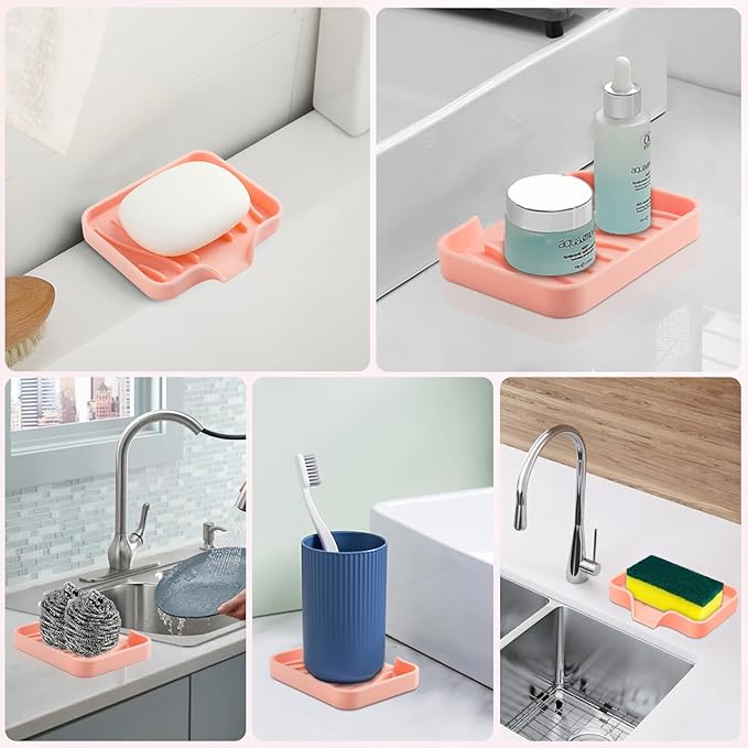 2PCS Self Draining Soap Holder,Spofit Silicone Soap Dish, Suitable for for Kitchen, Bathroom, Shower, Bath Tub,Soap Container (Pink)-NeatNest