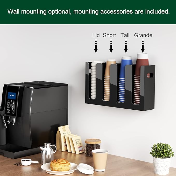 Disposable Coffee Cup Dispenser with Handles, Countertop or Wall Mount Hot/Cold Drink Cup and Lid Holder - Bathroom/Kitchen/Office Acrylic Cup Lid Storage Organizer (4 Compartments, Black)-NeatNest