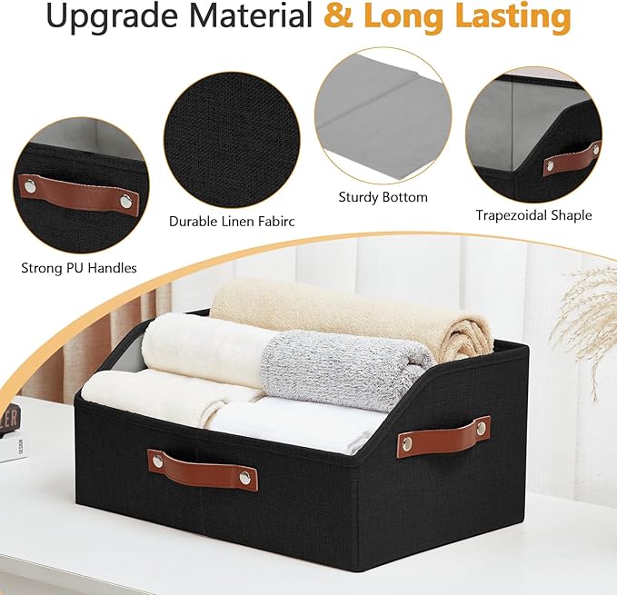 Closet Organizers and Storage, Linen Trapezoid Storage Bins with Handles, Collapsible Shelf Organizer for Blanket, Towel, Clothes, Hats, Purse (Black)-NeatNest