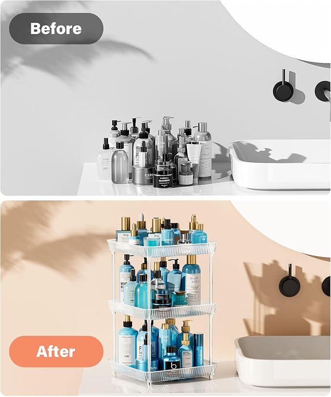 2 Tier Lazy Susan Bathroom Countertop Organizer, 360° Clear Rotating Square Storage Tray, Cosmetics and Perfume Organizer, Spinning Storage Tray Vanity Organizer Shelf for Bathroom Cabinet, Kitchen-NeatNest