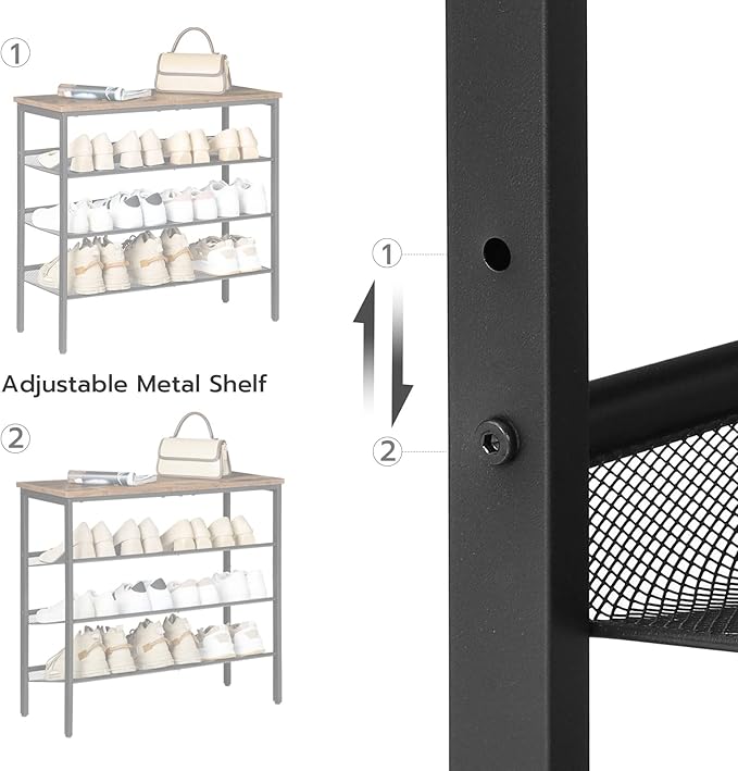 HOOBRO Shoe Rack for Entryway, 4-Tier Shoe Organizer with Adjustable Mesh Shelves, 12-16 Pairs of Shoes, Spacious Floor Mount, Metal, Industrial, Shoe Shelf for Closet, Rustic Brown BF42XJ01-NeatNest