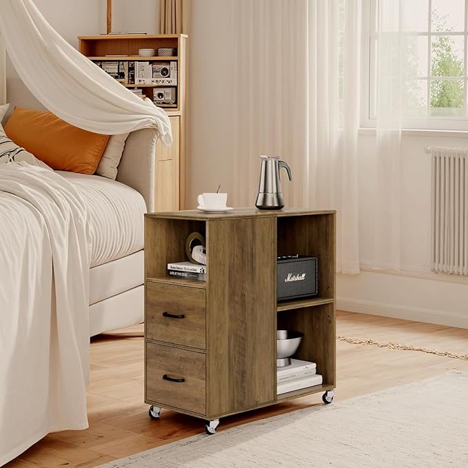 HOSTACK End Side Table, Narrow Nightstand with Storage Drawers and Adjustable Shelf, Rolling Bedside Table for Bedroom, Living Room, Home Office, Rustic Brown