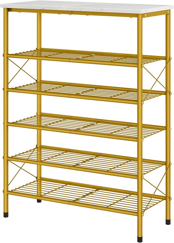 Tajsoon 6 Tier Shoe Rack Organizer for 20-24 Pairs of Shoes, Metal Mesh Shoe Shelf for Closet, Industrial Shoe Rack for Entryway Shoe Storage with X Shape Fixed Frame, White & Gold-NeatNest