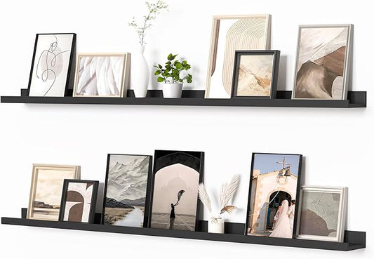 Heimlove Picture Ledge Shelf, Floating Shelves Set of 2, 56 Inches Picture Shelf for Wall with Ledge, Kids Bookshelf Wall Mounted for Living Room Bedroom Decor Books Photo Frames, Black-NeatNest