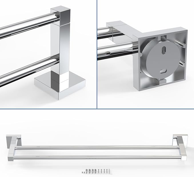 RUACQ Double Towel Bar, 24 Inch Bath Towel Rack for Bathroom, Square Base Hand Towel Holder, 304 Stainless Steel Towel Hanger Wall Mounted,Heavy Duty(Chrome)
