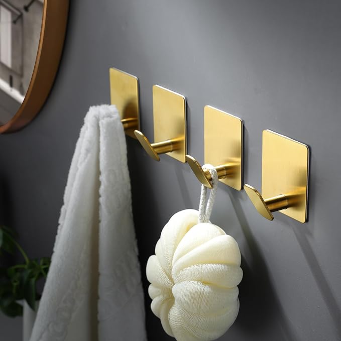 DELITON 8 Pack Gold Wall Hooks - Adhesive Towel Hooks for Bathrooms Kitchen Livingroom Garage, Heavy Duty Hook for Walls, No Damage, Stainless Steel-NeatNest